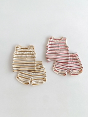 2024 New Arrivals Infant Baby Unisex Stripe Crewneck Sleeveless Tops With Shorts Sets Wholesale