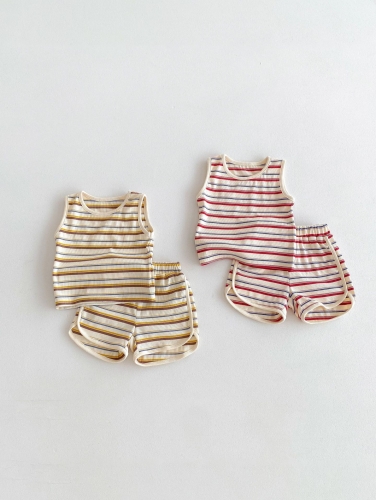 2024 New Arrivals Infant Baby Unisex Stripe Crewneck Sleeveless Tops With Shorts Sets Wholesale
