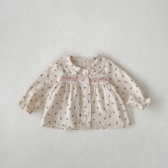 2024 Autumn Infant Baby Girls Flowers and Dots Print Turn-down Collar Long Sleeves Top Shirt With Bloomers Sets Wholesale