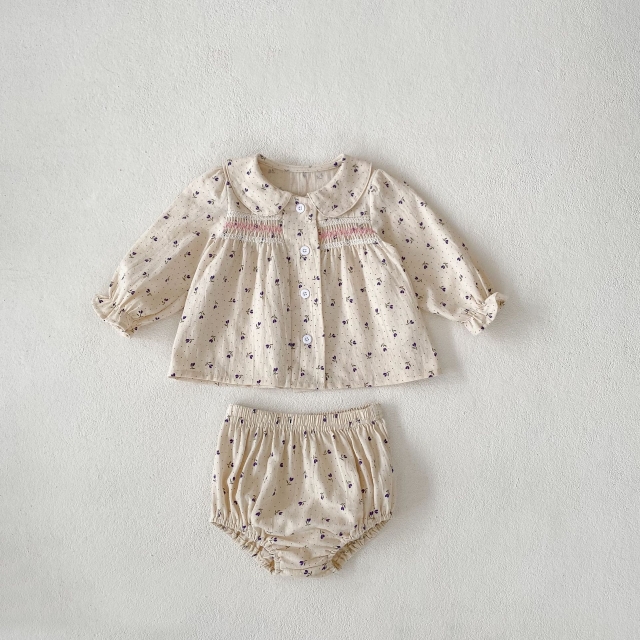 2024 Autumn Infant Baby Girls Flowers and Dots Print Turn-down Collar Long Sleeves Top Shirt With Bloomers Sets Wholesale