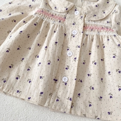 2024 Autumn Infant Baby Girls Flowers and Dots Print Turn-down Collar Long Sleeves Top Shirt With Bloomers Sets Wholesale
