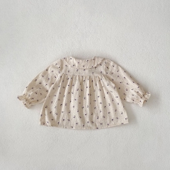 2024 Autumn Infant Baby Girls Flowers and Dots Print Turn-down Collar Long Sleeves Top Shirt With Bloomers Sets Wholesale