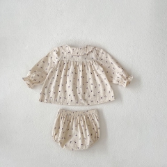 2024 Autumn Infant Baby Girls Flowers and Dots Print Turn-down Collar Long Sleeves Top Shirt With Bloomers Sets Wholesale