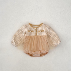 Infant Baby Girls Plaid Pattern Long Sleeve One Piece Tulle Patchwork Bodysuit Onesies Dress in Autumn Wholesale