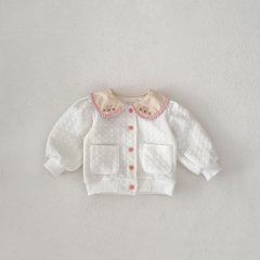 New Autumn Infant Baby Kids Girls Geometric Jacquard Pattern Long Sleeves Single Breasted Knit Cardigan with Embroidered Collar Wholesale