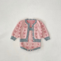 2024 Autumn Infant Baby Girls Butterfly Bows Pattern Long Sleeves Cardigan With Strap Bodysuit Onesies Sets Wholesale