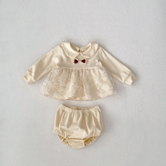 2024 Autumn Infant Baby Kids Girls Floral Embroidery Tulle Long Sleeves Top Dress+Bloomers Sets Wholesale
