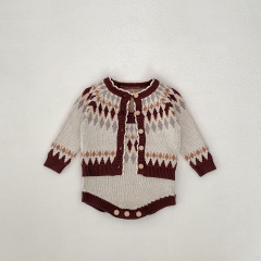 2024 Autumn Infant Baby Unisex Argyle Jacquard Pattern Long Sleeves Cardigan With Strap Bodysuit Onesies Sets Wholesale
