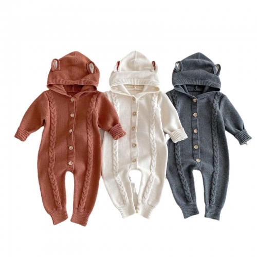Autumn Arrival Baby Unisex Long Sleeves Animals Cartoon Pattern Hooded Rompers