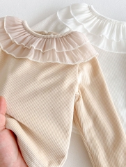 New Arrivals Winter Baby Girls Long Sleeves Knitted Top with Lace Collar Wholesale