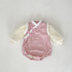 Infant Baby Girls Stand Collar Long-sleeved Pink Flowers Printed One Piece Warm Bodysuit Onesies Wholesale