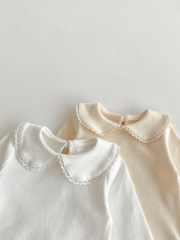 New Arrivals Spring Baby Girls Long Sleeves Top with Lace Trim Collar Wholesale
