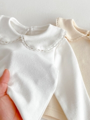 New Arrivals Spring Baby Girls Long Sleeves Top with Lace Trim Collar Wholesale