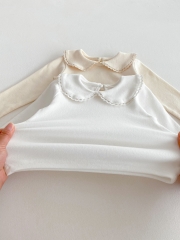 New Arrivals Spring Baby Girls Long Sleeves Top with Lace Trim Collar Wholesale