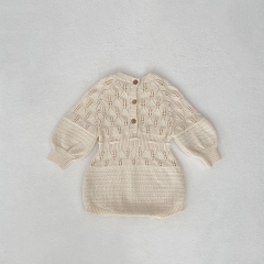 Infant Baby Girls Crew Neck Long-sleeved Argyle Hollow-out Pattern One Piece Bodysuit Onesies Wholesale
