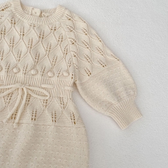 Infant Baby Girls Crew Neck Long-sleeved Argyle Hollow-out Pattern One Piece Bodysuit Onesies Wholesale