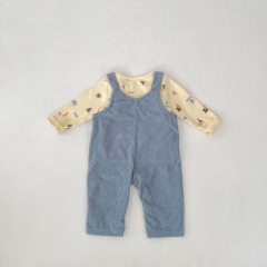 2025 Spring Infant Baby Unisex Geometric Pattern Long Sleeves Top With Blue Overalls Sets Wholesale