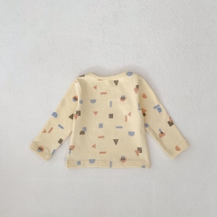 2025 Spring Infant Baby Unisex Geometric Pattern Long Sleeves Top With Blue Overalls Sets Wholesale