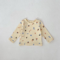2025 Spring Infant Baby Unisex Geometric Pattern Long Sleeves Top With Blue Overalls Sets Wholesale
