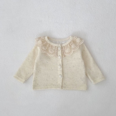 New Spring Infant Girls Flowers Embroidered Pattern Collar Long Sleeves Single Breasted Knitted Cardigan Wholesale