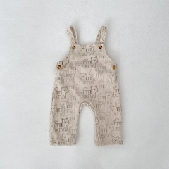 2025 Spring Infant Baby Unisex Solid Color Long Sleeves Top With Printed Overalls Sets Wholesale
