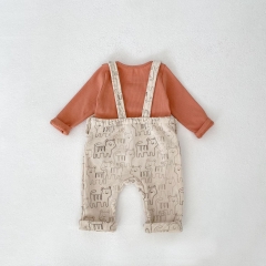 2025 Spring Infant Baby Unisex Solid Color Long Sleeves Top With Printed Overalls Sets Wholesale
