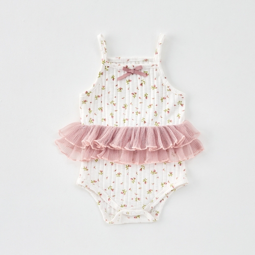 2025 Summer Infant Baby Girls Sleeveless Flowers Pattern Printed Onesies with Lace Wholesale