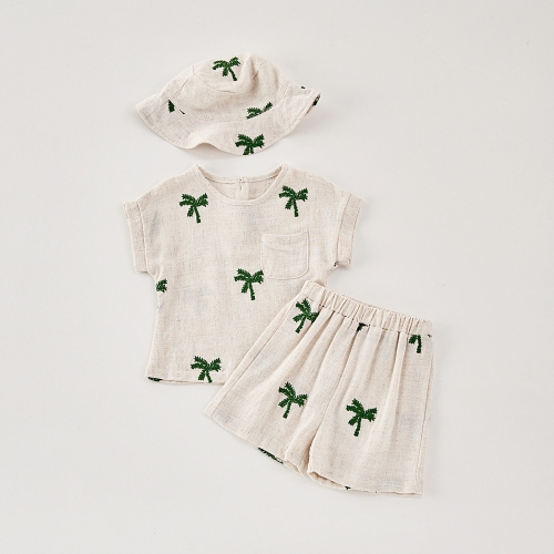 2025 Summer Infant Baby Kids Unisex Short Sleeves Palm Trees Pattern Top With Shorts Sets Wholesale