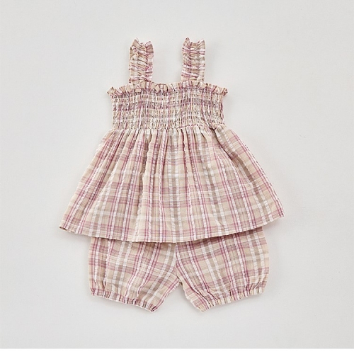 2025 Summer Infant Baby Girls Sleeveless Plaid Pattern Top With Bloomers Sets Wholesale