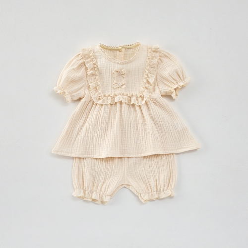 2025 Summer Infant Baby Girls Short Sleeves Solid Color Top With Bloomers Sets Wholesale