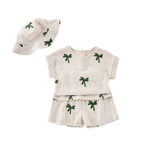 2025 Summer Infant Baby Kids Unisex Short Sleeves Palm Trees Pattern Top With Shorts Sets Wholesale