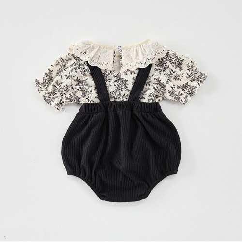 2025 Summer Infant Baby Girls Short Sleeves Floral Top With Black Onesies Overalls Sets Wholesale