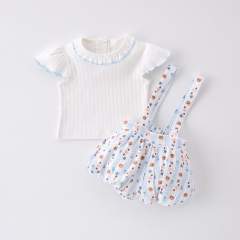 2025 Summer Infant Baby Girls Fly Sleeves Top With Cartoon Striped Onesies Overalls Sets Wholesale