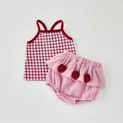 2025 Summer Infant Baby Girls Sleeveless Plaid Top Vest With Bloomers Sets Wholesale