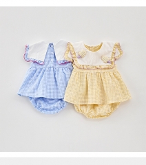 2025 Summer Infant Baby Girls Sleeveless Plaid Top With Bloomers Sets Wholesale