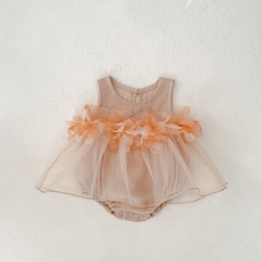 2025 Summer Infant Baby Kids Girls Floral Pattern Mesh Patchwork Sleeveless Dress Wholesale