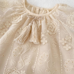 2025 Summer Infant Baby Girls Vintage Short Sleeves Flowers Pattern Embroidered Dress Wholesale