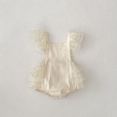 2025 Summer Infant Baby Kids Girls Fly Sleeves Lace Design Beige Onesies Wholesale