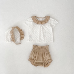 2025 Summer Infant Baby Girls Short Sleeves Floral Pattern Top With Bloomers and Hat Sets Wholesale