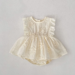 2025 Summer Infant Baby Kids Girls Sleeveless Floral Pattern Solid Color Dress Wholesale