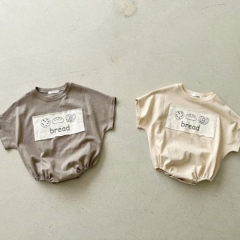 2025 Summer Infant Baby Kids Unisex Thin Cartoon Bread Pattern Short Sleeves Onesies Wholesale