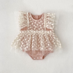 2025 Summer Infant Baby Kids Girls Fly Sleeves Flowers Pattern Tulle Patchwork Onesies Dress Wholesale