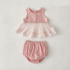 2025 Summer Infant Baby Girls Floral Pattern Sleeveless Tulle Patchwork Top Dress With Bloomers Sets Wholesale