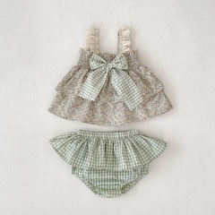 2025 Summer Infant Baby Girls Floral Pattern Sleeveless Butterfly Bow Decorated Top Dress With Bloomers Sets Wholesale