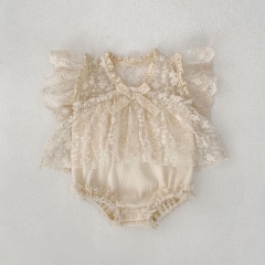2025 Summer Infant Baby Kids Girls Fly Sleeves Tulle Patchwork Flowers Pattern Onesies Wholesale
