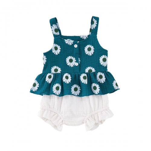 2025 Summer Infant Baby Girls Aesthetic Floral Pattern Sleeveless Top Dress With Bloomers Sets Wholesale