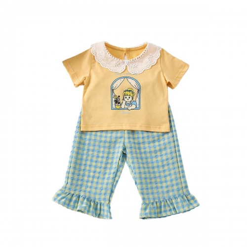 2025 Summer Infant Baby Girls Cartoon Pattern Short Sleeves Top T-shirt With Plaid Pants Sets Wholesale
