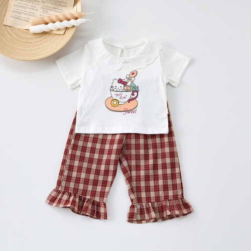 2025 Summer Infant Baby Girls Cartoon Pattern Short Sleeves Top T-shirt With Plaid Pants Sets Wholesale