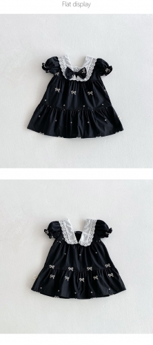 2025 Summer Infant Baby Kids Girls Short Sleeves Butterfly-bow Embroidered Pattern Black Dress Wholesale