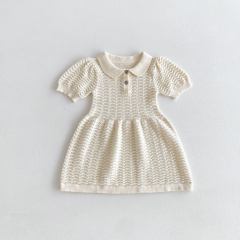 2024 Summer Infant Baby Kids Girls Short Sleeves Knitted Hollow-out Design Dress Wholesale
